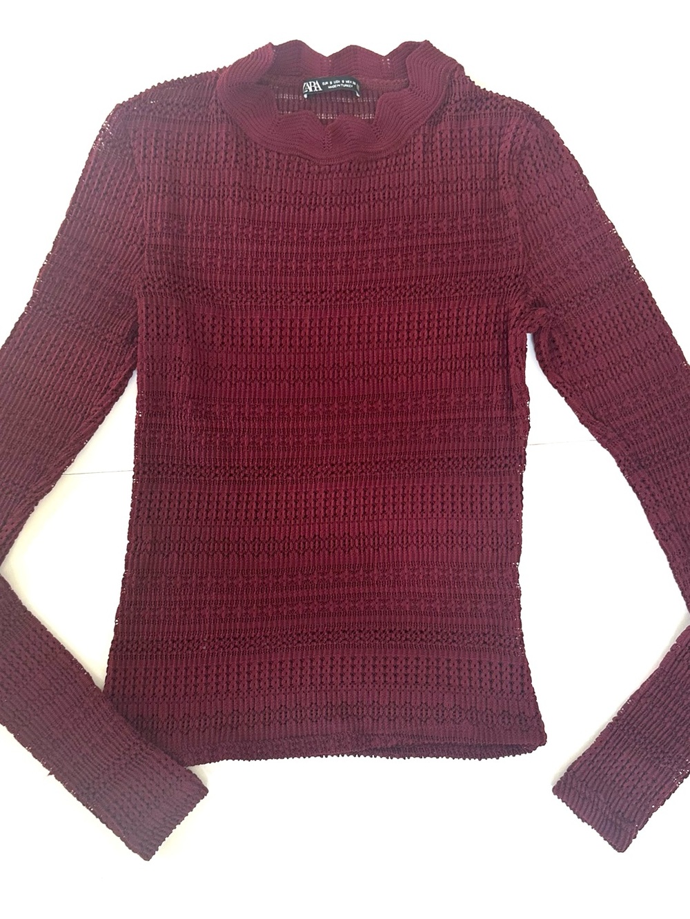 ZARA Pointelle Open Kit Long Sleeve Burgundy Small Boho Layering Top Crochet EUC